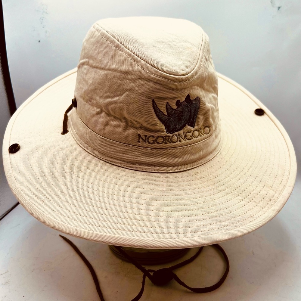 ONE WAY Safari Hat. OS.  Embroidered Rhinoceros.  Beige. Leather ties